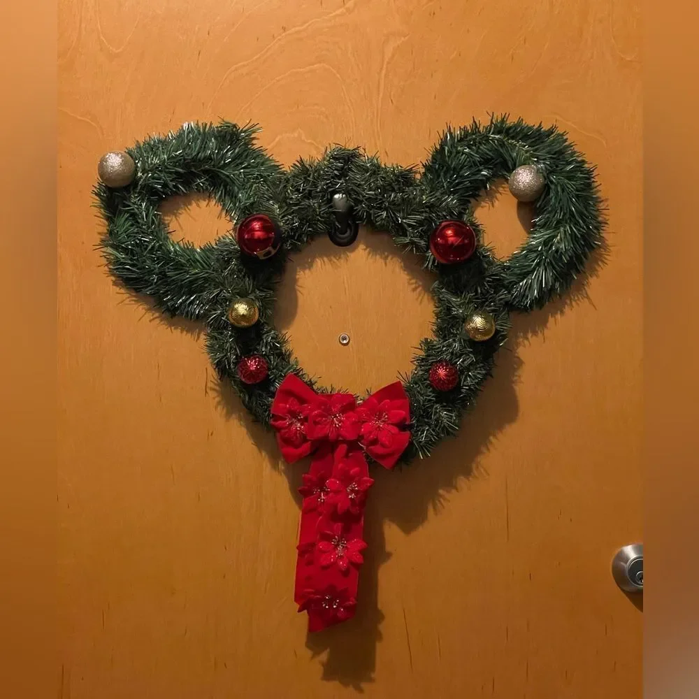 Disney’s Mickey Mouse Christmas Wreath w/Red Shimmering Bows & Ornaments